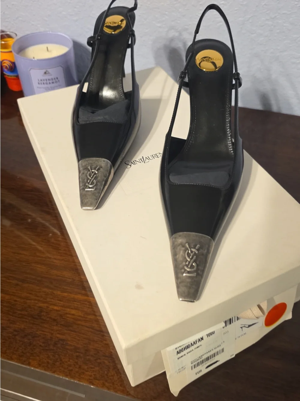 Yves Saint Laurent Black Leather Slingback Espadrilles with Silver Toe Caps